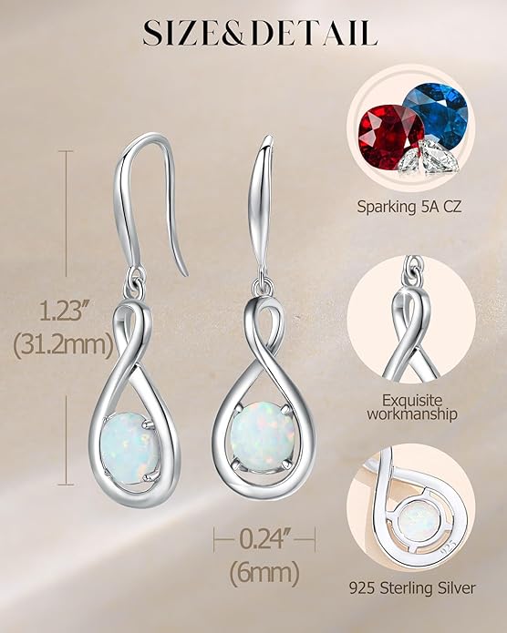 FANCIME Valentines Day Gift Dangle Drop Earrings 925 Sterling Silver Dainty Infinity Round Gemstone Birthstone Jewelry Birthday Gifts for Her Women
