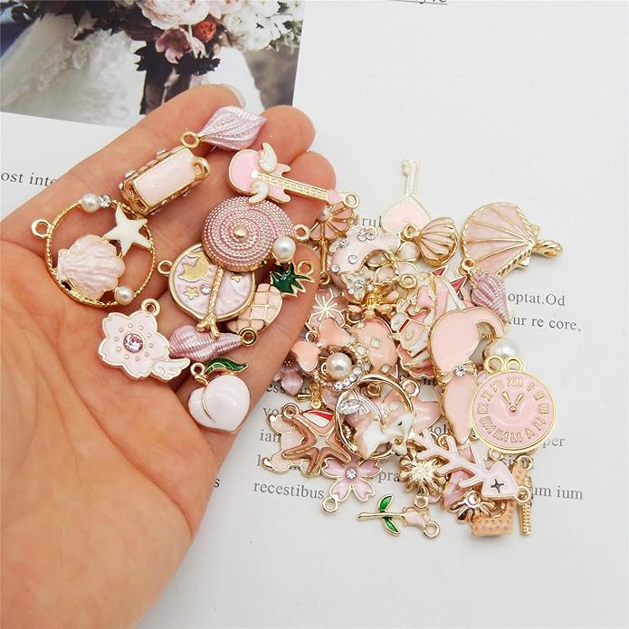 40pcs(20PAIRS) Assorted Gold Tone Enamel Animals Fruit Moon Star Dainty Dangle Flowers Pendants Charms for Jewelry Making Necklace Bracelet, Pink Theme