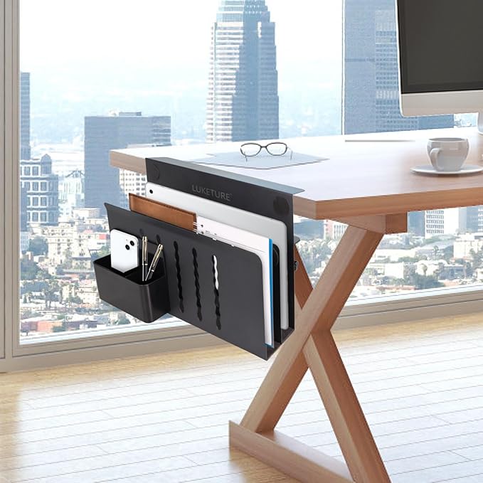 LUKETURE Laptop Holder, Steel Desk Side Storage, No Drill Standing Desk Accessories, Clamp on Laptop Mount with Pen Holder, Fits Flat Edge Tables 0.3" to 2.8" (Black, L(2 Tier))