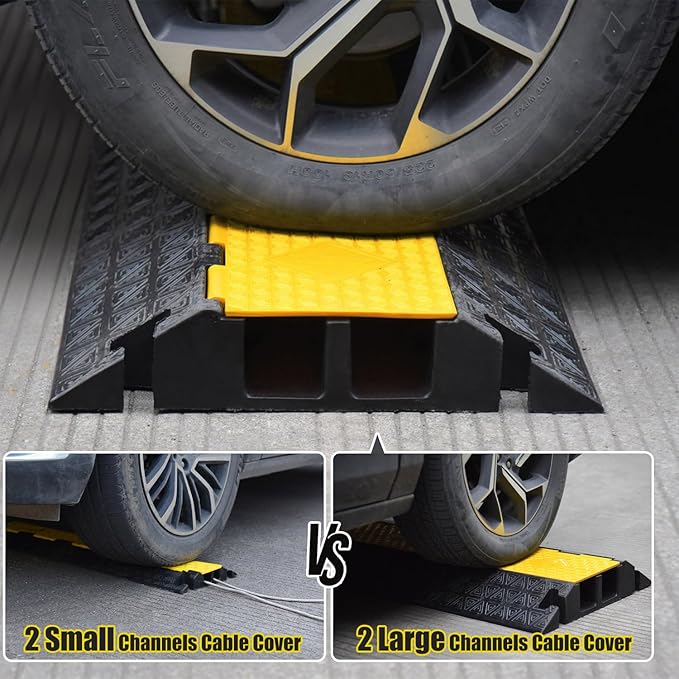 2 Large Channels Rubber Floor Cable Protector Ramp, Heavy-Duty Floor Cable Wire Cord Cover Speed Bumps, Driveway Hose Cable Ramp Protective Cover (2 Large Channels)