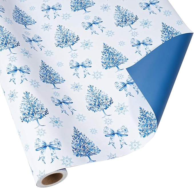 BIOBROWN Reversible Christmas Wrapping Paper - 17 Inch X 33 Feet (46.7 sq. ft. ttl.) - Holiday Trees and Bow Design Perfect for Xmas, Party, Holiday Gift Wrap