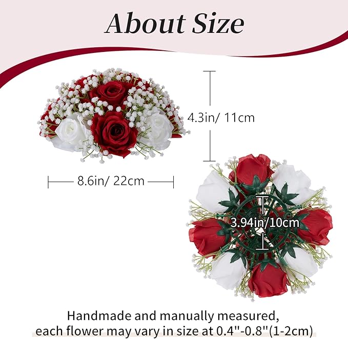 BLOSMON Fake Flowers Ball Wedding Centerpieces 2 Pcs Crimson Rose Babys Breath Artificial Flowers Center Pieces Decoration for Table Silk Kissing Floral Bouquet Arrangements for Home Party DIY Decor