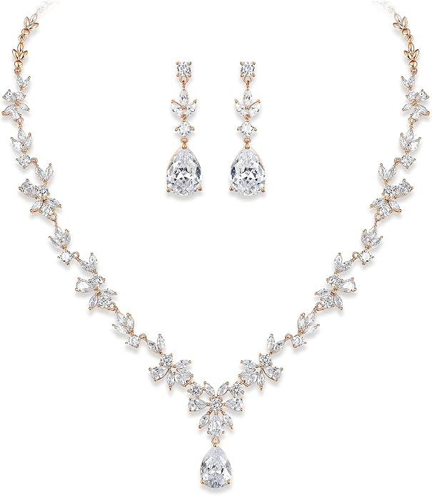 Crysdue Wedding Jewelry Set for Women, Floral Leaf Vine Teardrop Necklace Dangle Earrings Bracelet and Hair Comb, Cubic Zirconia Elegant Party Prom Jewellery for Bridal Bridesmaid