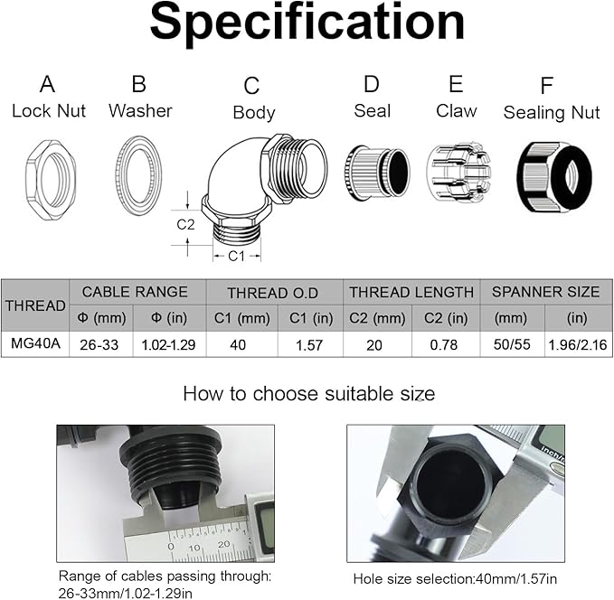 LeMotech M40 Cable Gland, 90 Degree Adjustable 26-33mm Cable Range Strain Relief, Cord Connectors Nylon Joints with Gaskets, 2 Pcs, Black