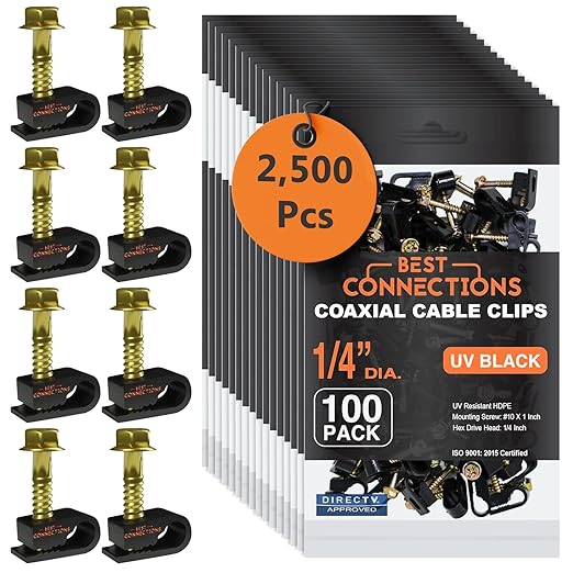 BEST CONNECTIONS Coaxial Cable Clips with Pre-Inserted Screw (2,500 Pack) – Black Single Cable Mounting Clamps for Coax Cable (RG6, RG59) and Ethernet Cable – Cord Fastener/Strain Relief Clip