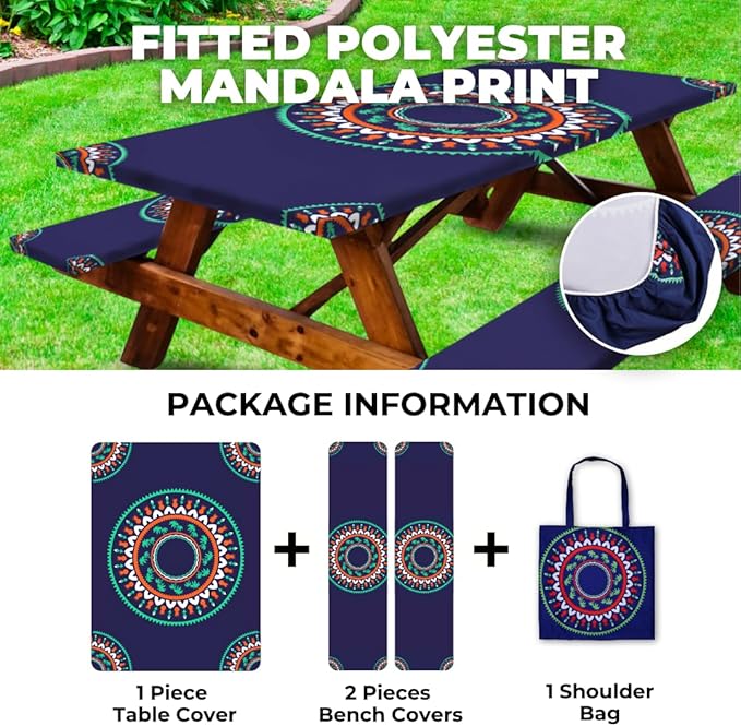 RNOONY 6ft Polyester Picnic Table Cover with Bench Covers Windproof & Waterproof Tablecloth, Perfect for Camping Gifts & RV Essentials, Cool Camping Gadgets, with Carrying Bag, 72x30 Inches, 4Pcs
