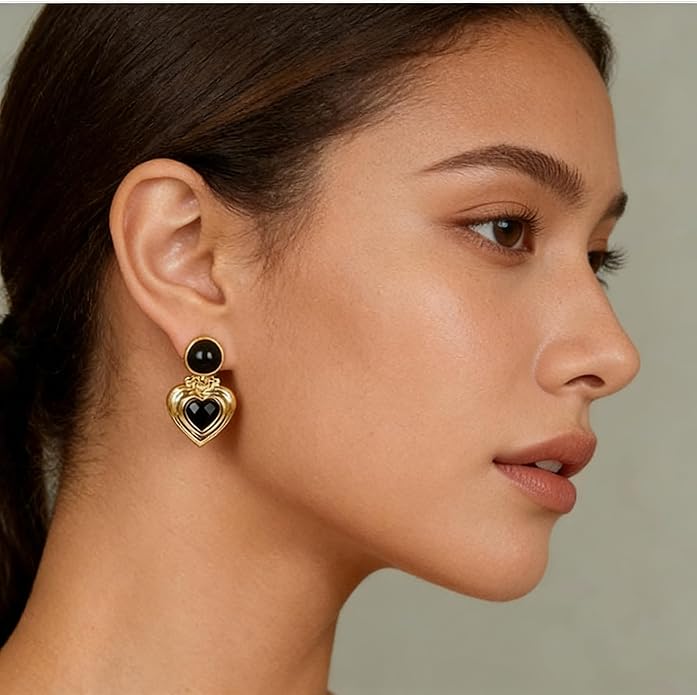 Black/White/Red/Green/Blue/Brown Heart Earrings for Women, Gold Plated Vintage Gold Earrings with Hypoallergenic Posts,Lightweight Black and Gold Dangle Statement Jewelry, Gift for Women—Girlfriend Wife Mom for Wedding, Party, Valentines Day Gifts for Her