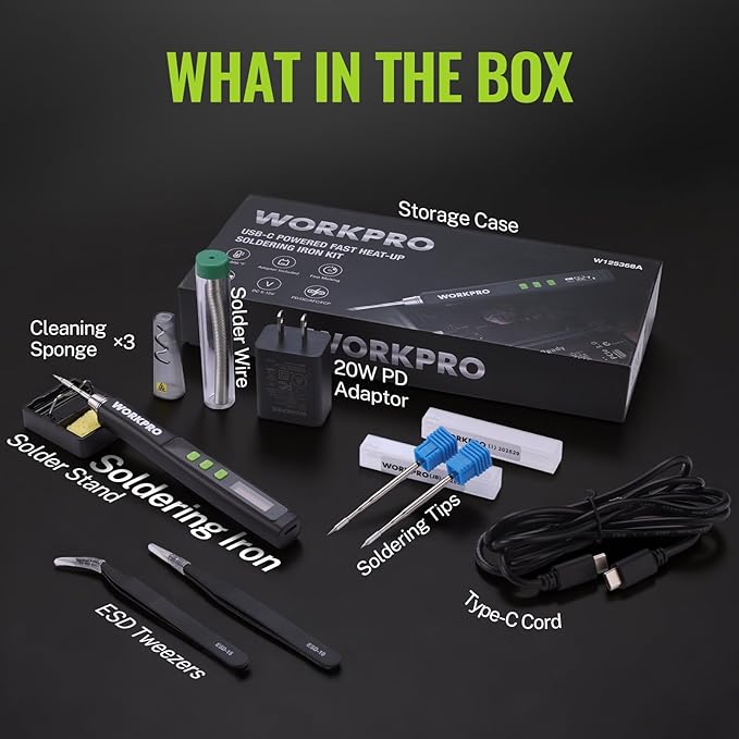 WORKPRO DC Soldering Iron Kit, Fast Heating Soldering Iron Pen with 3 Tips, Portable Lightweight Solder Iron for Electronics, Metal, DIY, Accurate Temp Control, OLED Screen Display, PD/QC Protocols