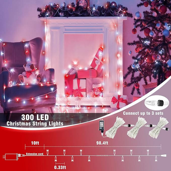 300 LED Christmas Lights Outdoor -100ft Extra Long Christmas String Lights 8 Modes Plug in Waterproof Fairy Lights with Timer Memory for Indoor Outside Bedroom Home Party Decoration, Red&White