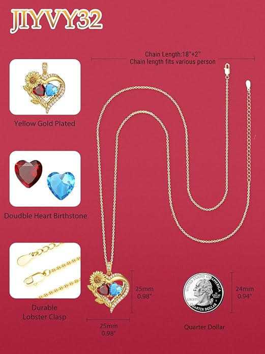 Sunflower Heart Necklace for Women 14K Gold Exquisite Valentines Day Anniversary Birthday Gifts for Wife Mother Her Double Birthstone Pendant Jewelry‘You Are My Sunshine’