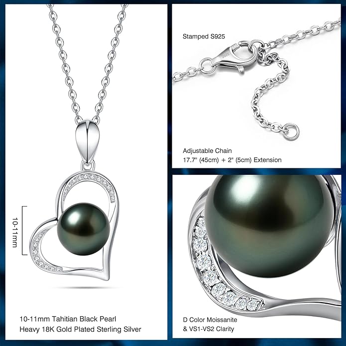 Genuine Tahitian Black Pearl Necklaces for Women, 9-12mm AAAA Seawater Pearl - Sterling Silver Moissanite Pendant, Wedding Anniversary, Birthday, Christmas Gift for Wife, Mom, Girlfriend, Fine Jewelry