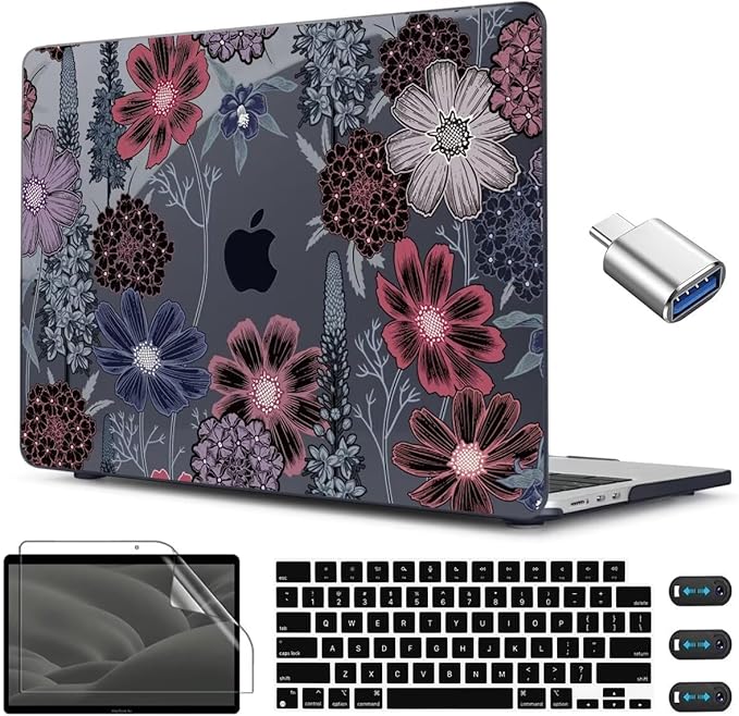 CISSOOK Compatible with MacBook Air 13.6 inch Case 2022 2023 2024 2025 Model A2681 A3113 A3240, Plastic Hard Case with Keyboard Cover Screen Protector Type C Adapter, Texture Flowers