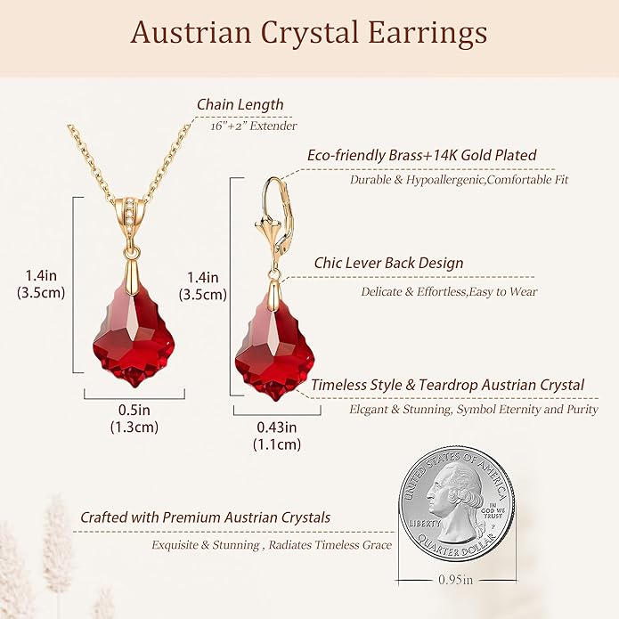 EVEVIC Austrian Crystals Baroque Pendant Necklace Earrings for Women 14K Gold Plated Hypoallergenic Leverback Drop Dangle Earrings Jewelry Set