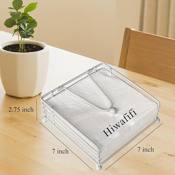 Napkin Holder for Table, Flat Napkin Dispenser with Weighted Arm, Square Cocktail Paper Holder of Elegant Rustic Iron for Kitchen Dining Room Decor Restaurant Farmhouse Hotel Party, White