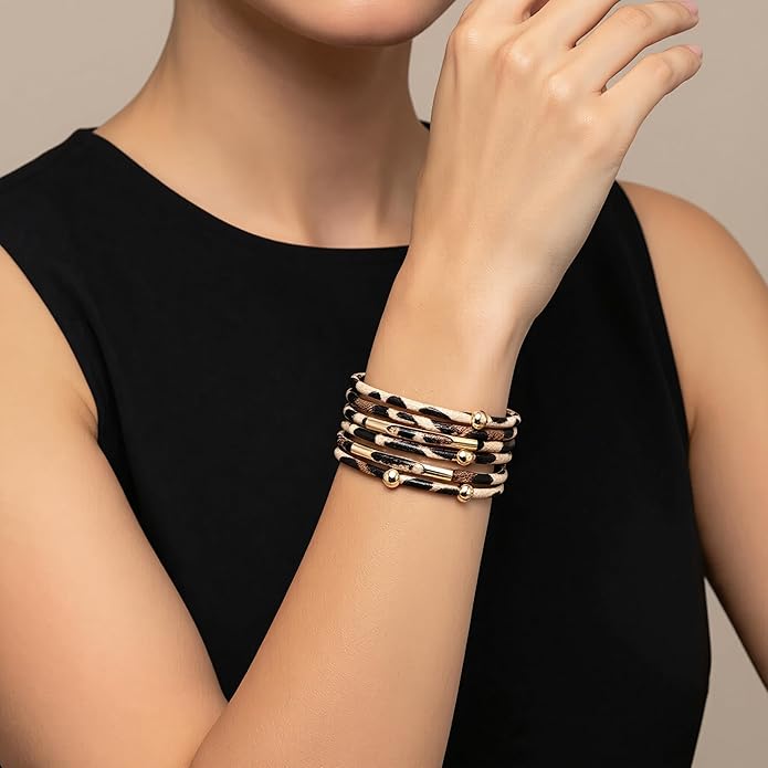 Fesciory Leather Wrap Bracelets for Women, Boho Leopard Multi-Layer Crystal Beads Cuff Bracelet Jewelry