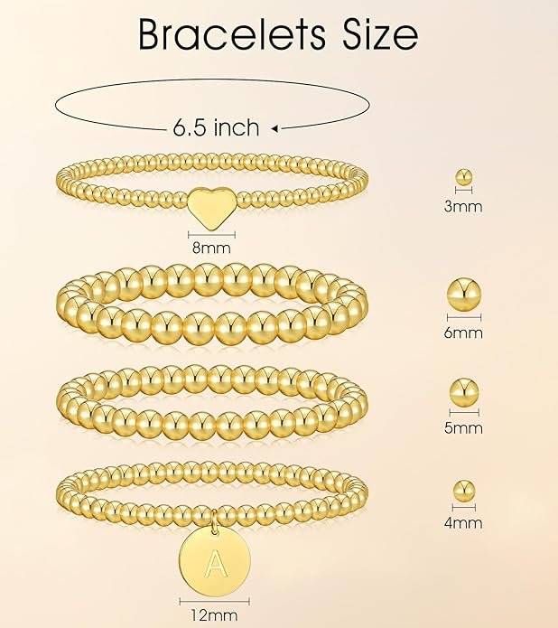 Howoo Gold Bracelets for Women Beaded Initial Bracelet Stack Dainty Heart Stretch Gold Charm Bracelet Jewelry for Women Trendy