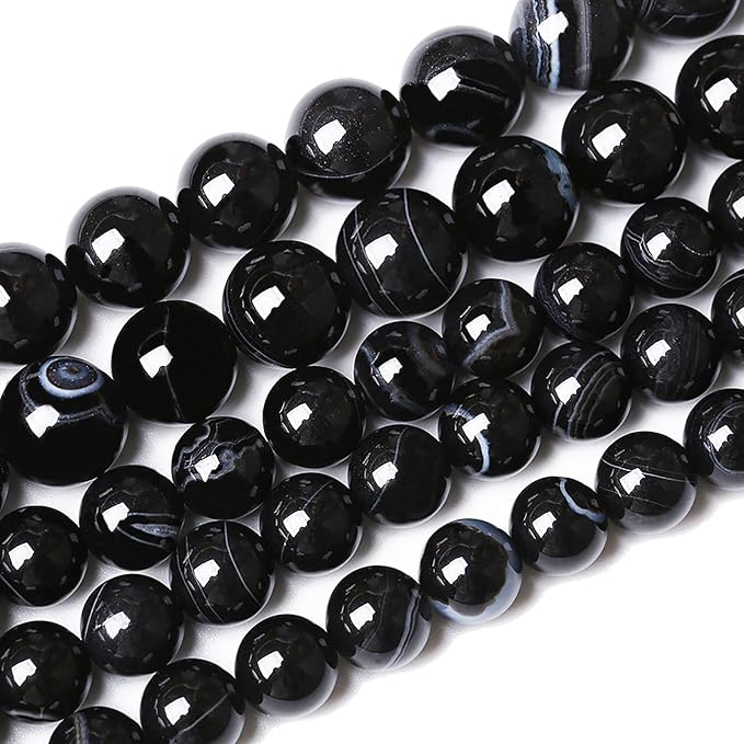 45PCS 8mm Natural Black Striped Agate Beads Gemstone Round Loose Beads for Jewelry Making DIY Bracelet Necklace 15" Inch