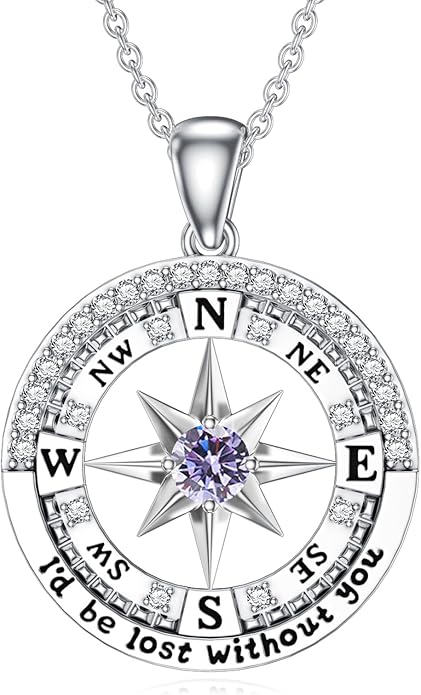 Compass Birthstone Necklace Gift for 2025 Graduation 925 Sterling Silver Compass ‘I'd be Lost Without You’ Pendant Necklaces Jewelry for Women Her Wife Gift for Birthday Anniversary