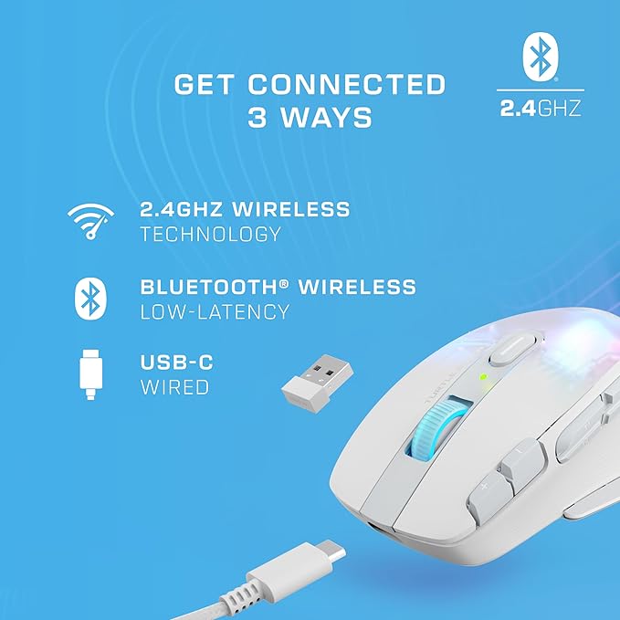 Turtle Beach Kone XP Air Wireless Customizable Ergonomic RGB Gaming Mouse, Bluetooth, 19K DPI Optical Sensor, 100-hour Battery & Charging Dock, 29 Programmable Inputs & RGB Lighting, 4D Wheel – White