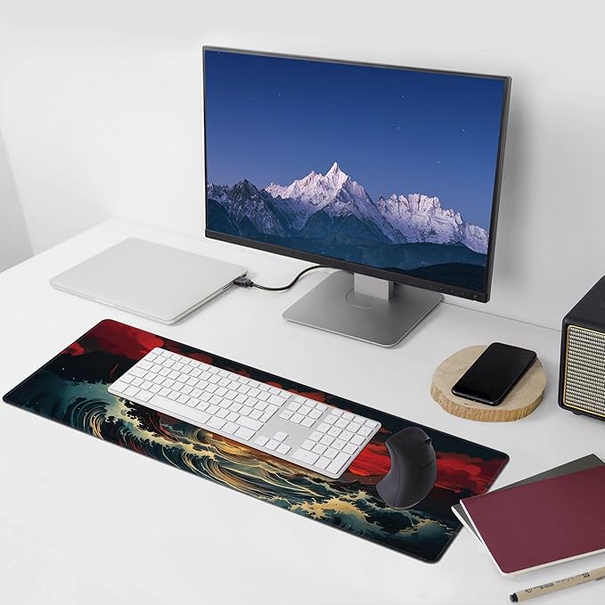 Japanese Sea Wave Large Mouse Pad,Gaming Keyboard Desk Pad,Extended Mouse Mat Non-Slip Rubber Base with Stitched Edges for Office Game Home XL 31.5"x11.8"