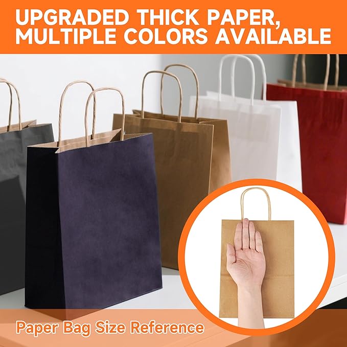 METAPRINT 100 Pack Medium 8x4.5x10.8 Inch Blue Kraft Paper Bag with Handles Bulk, Gift Bags, Craft Grocery Shopping Retail Party Favors Wedding Bags Sacks