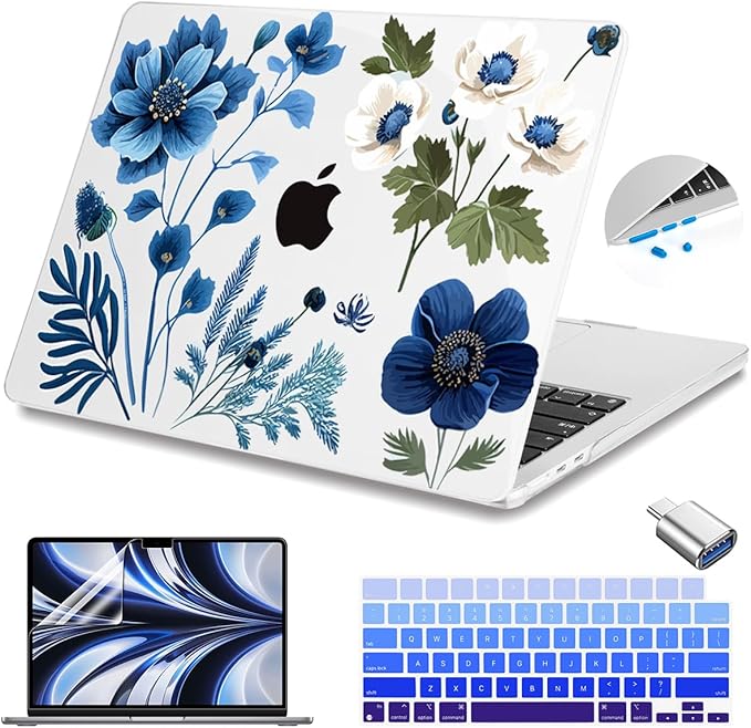 Teryeefi for MacBook Air M4 M3 M2 13.6 inch Case 2025 2024-2022,Fit Model A3240 A3113 A2681, Laptop Hard Shell Cases with Keyboard Cover & Screen Protector for MacBook Air 13.6", Blue Plant Flower