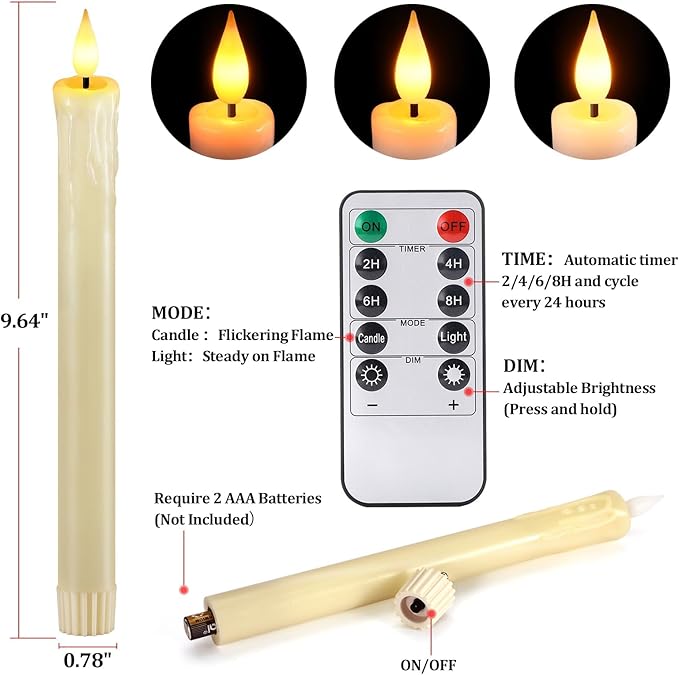 OCATO Flameless Candles with Remote Timer: 8 Pcs Battery Operated Window Candles 9.6" Real Wax LED Flickering Flameless Taper Candles 3D Wick Lights Halloween Christmas Wedding Party Decorations Ivory