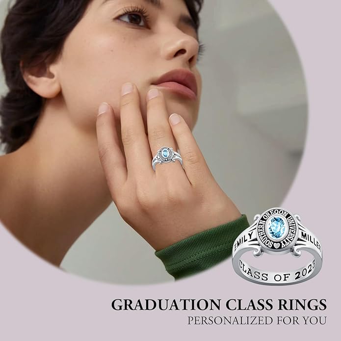 Custom Class Rings Personalized Birthstone Rings High School College Ring 925 Sterling Silver Engraved 2025 Graduation Jewelry Gifts for Women Size 4-15