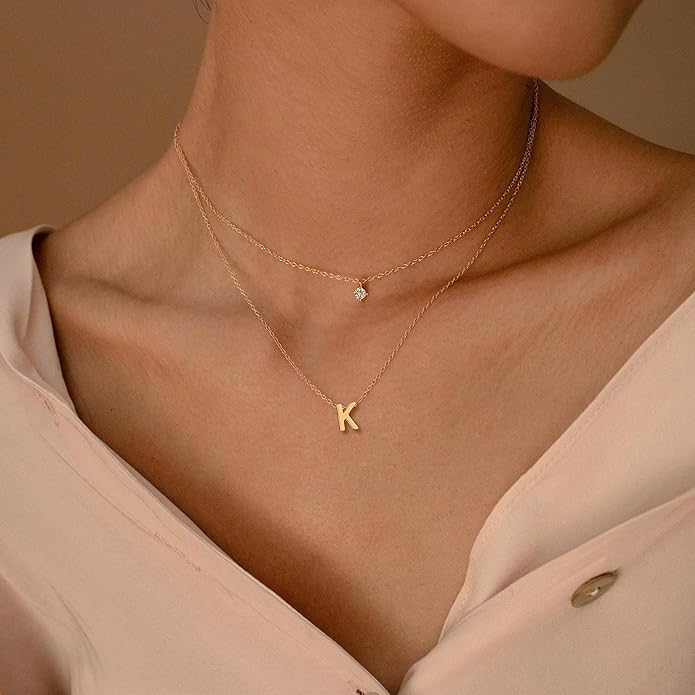Layered Initial Necklaces for Women, 14k Gold Plated Letter Necklace Set Dainty Gold Initial Necklace Stack Cute Layering Choker Necklaces for Women Trendy Fashion Jewelry
