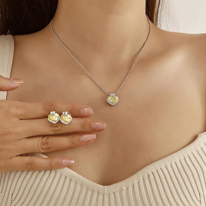 Love Heart Necklaces and Earrings with Rose Cut Birthstone Silver Plated Elegant Jewelry Set for Women CS0002