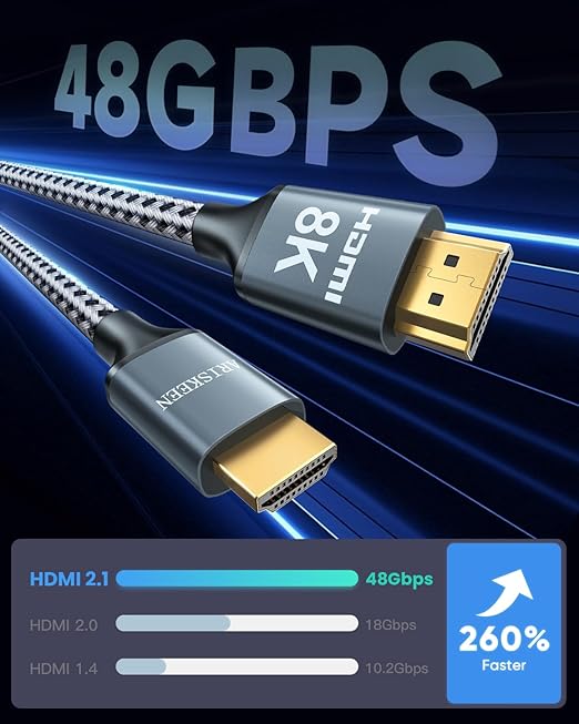 ARISKEEN 8K HDMI Cable 13 FT, 48Gbps High Speed HDMI 2.1 Cable, 8K 60Hz, 4K 120Hz 144Hz Braided HDMI Cord - 13 Feet