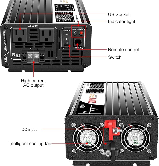 Xijia 2000w(Peak Power 4000W) dc 48v to ac 120v Inverter Pure sine Wave 60HZ Converter with Bluetooth Remote Control LCD Screen 2 AC outlets for Camping, Boat,Outdoor (DC48V (Range 40V-60V) 2000W)