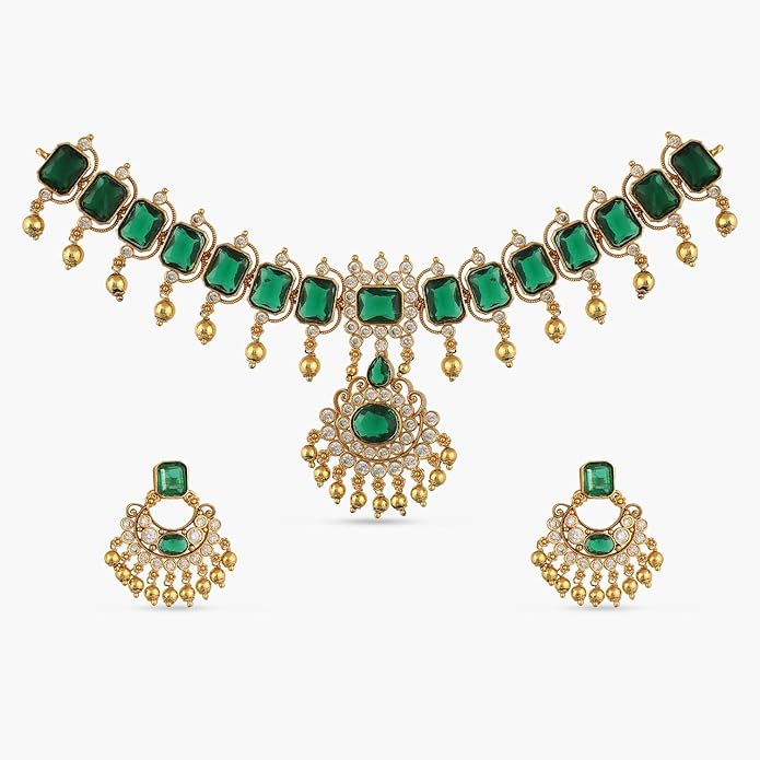 TARINIKA Green and White Cubic Zirconia(CZ) Indian Necklace Set with Earrings, Gold Plated Brass Fashion Indian Jewelry Gift for Women Bollywood Costume Jewellery