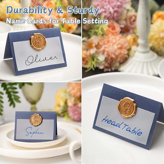 25 Pack Name Cards for Table Setting, Place Cards with Antique Gold Rose Wax Seal Sticker for Wedding, Table Tent Card Stock Handmade Decor for Party, Dinner, Home (Pearlized Navy Blue)
