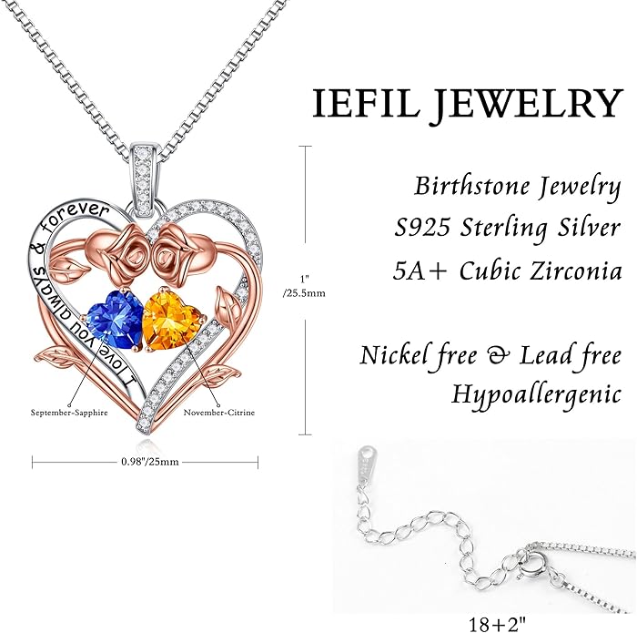 Iefil Valentines Gifts for Her Wife Women - Rose Heart Double Birthstone Necklace Gift for Wife Girlfriend Her Women, Birthstone Jewelry Gemstone Birthday Gifts for Mom Grandma Her