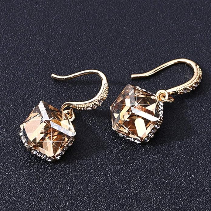 Austrian Crystal Cube Drop Dangle Earrings for Women 14K Gold Plated Hypoallergenic Jewelry