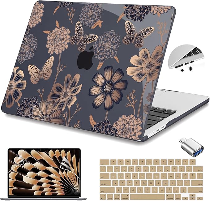 Teryeefi Compatible with M3 MacBook Air 15 inch Model A2941 [2023 2024], Designed Hard Shell Case & Keyboard Cover & Screen Protector,Flowers & Butterfly