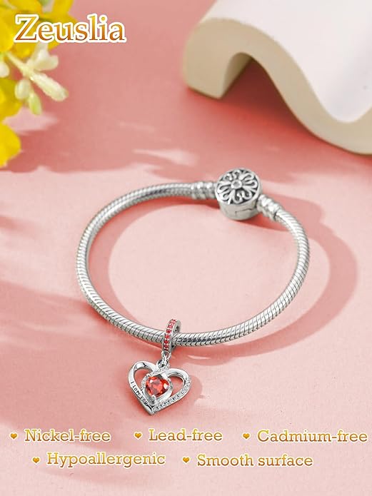 Heart Birthstone Charms for Bracelets, 925 Sterling Silver Women Bead Charms for Charm Bracelets Necklace, Mother's Day Birthday Anniversary Jewelry Gifts for Wife Mom Grandma Daughter