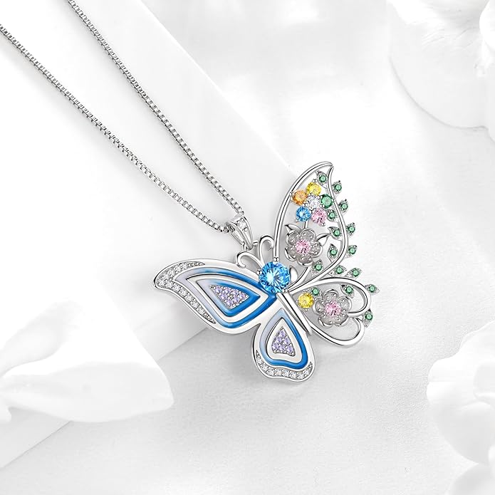 Aurora Tears 925 Sterling Silver Butterfly Flower Pendant Necklace - Colorful Enamel Zircon Adjustable Chain Jewelry Gift for Women Her