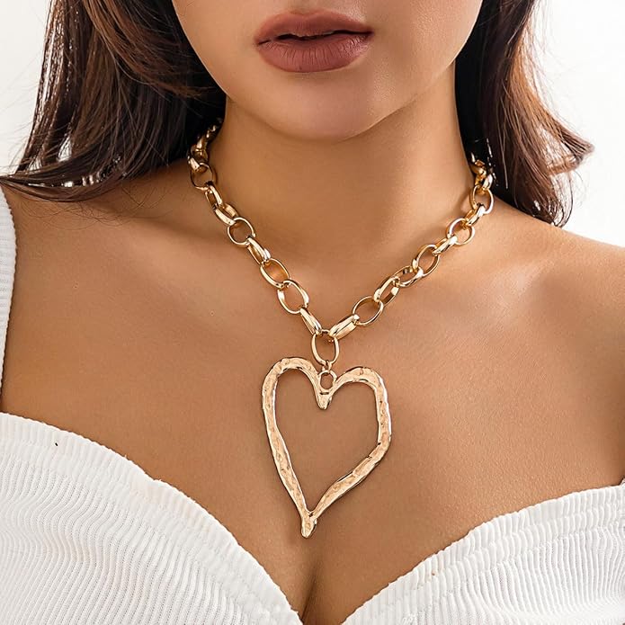 Chunky Gold Necklace Big Heart Necklace for Women Silver Large Statement Necklaces Thick Bold Chain Puffy Love Heart Charm Necklaces for Women with OT Toggle Silver Chunky Gold Jewelry Trendy Valentine's Day Gift