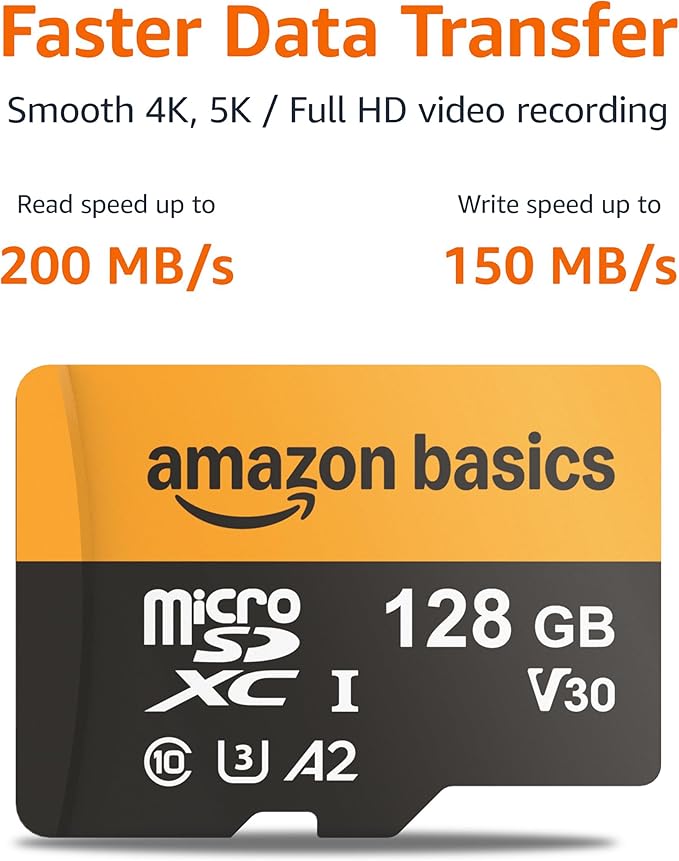 Amazon Basics 128GB microSDXC Card with Adapter, Read Speed Up to 200MB/s, 1-Pack