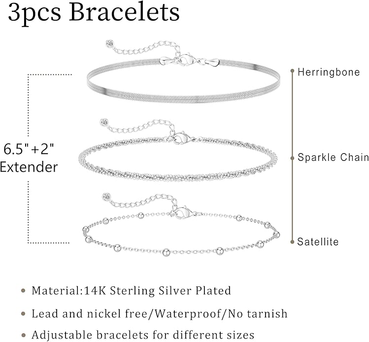 DEARMAY Dainty Silver Plated Bracelets for Women Trendy, Silver Jewelry Set for Women Bracelets for Women Paperclip Box Herringbone Figaro Rope Chain Bracelet Fashion Pack Gifts for Women