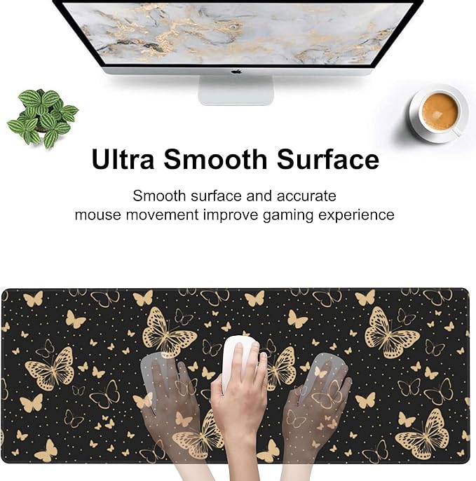 Golden Butterflies Desk Mat,Large Butterfly and Round Spots Gaming Keyboard Mouse Pad,Non-Slip Rubber Base Desk Pad Thick Stitched Edges Waterproof Mousepad Mouse Mat 31.5"x11.8"
