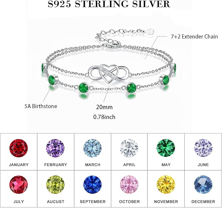Prismata Infinity Birthstone Charm Link Bracelet 925 Sterling Silver Adjustable 12 Months Birthstone Infinity Bracelet Birthday Jewelry Gifts for Women Mom Her,with 7"+2" chain