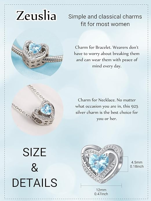 Heart Birthstone Charms for Bracelets, 925 Sterling Silver Women Bead Charms for Charm Bracelets Necklace, Mother's Day Birthday Anniversary Jewelry Gifts for Wife Mom Grandma Daughter