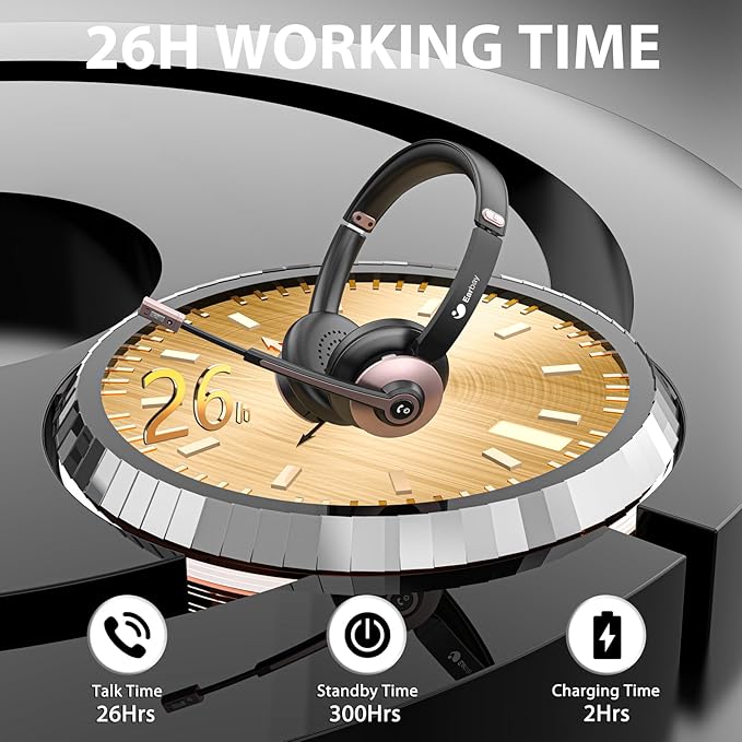Wireless Headset with Mic for Work, Bluetooth Headphones with Microphone Noise Canceling & USB Dongle, Handsfree 26+ Hours Battery & Mute Button, for Office/Call Center/Laptop/MS Teams/Conference