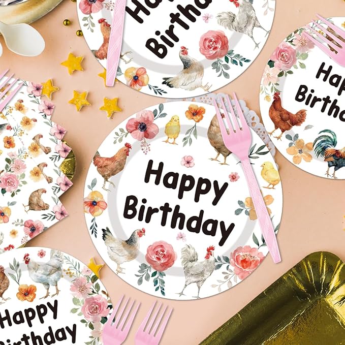 96Pcs Chicken Birthday Party Decorations Disposable Tableware Set - Floral Chick Hens Happy Birthday Paper Plates Napkins Forks Rustic Flower Poultry Dessert Farmhouse Party Supplies Serve 24 Guests