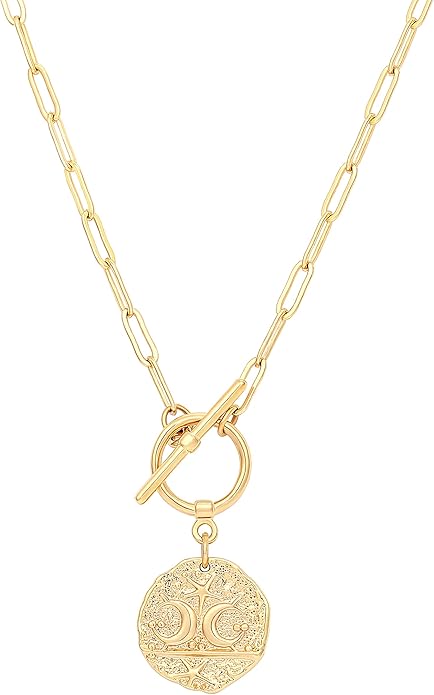 Aobei Pearl 18K Gold Plated Moon Star Lion Evil Eye Love Heart Cross Pendant Necklace Medallion Paperclip Chian Choker Layering Jewery for Women