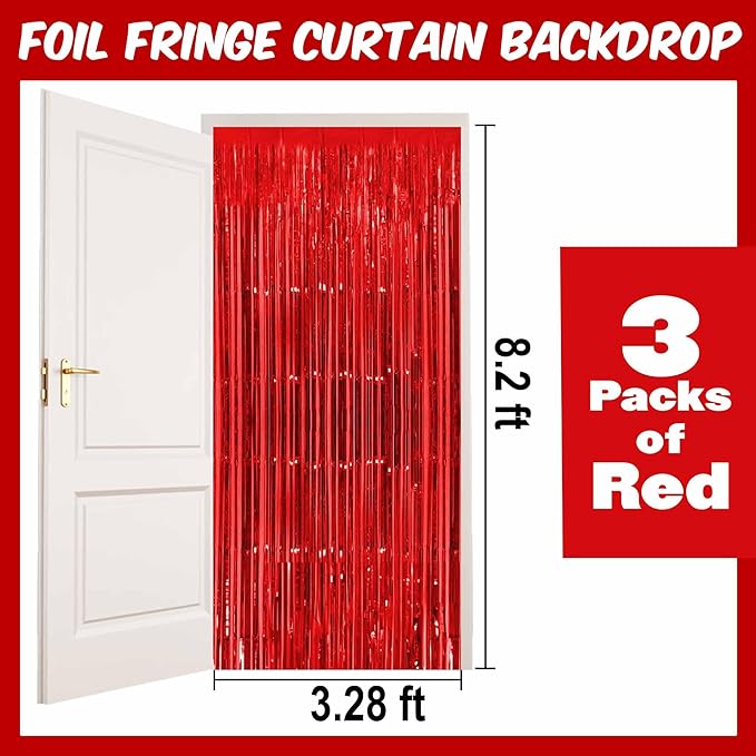 3 Pack Red Foil Fringe Curtains Backdrop, 3.28 x 8.2 Ft Metallic Streamers Tinsel Curtains Background for Photo Booth, Birthday, Halloween, Christmas, Thanksgiving, New Year Party Decorations
