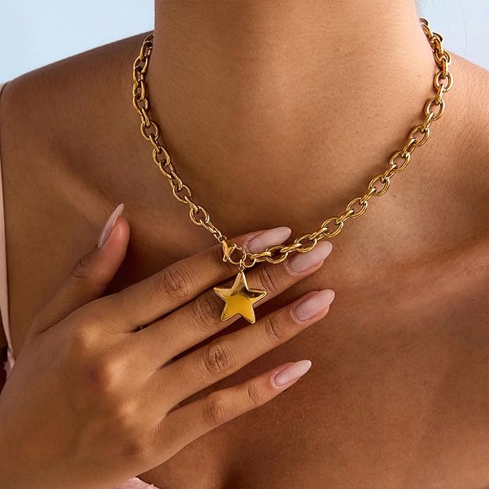 Large Star Necklace Chunky Gold Necklace for Women Trendy Silver Big Statement Necklaces Bold Thick Paperclip Necklaces OT Toggle Chunky Jewelry Holiday Christmas Jewelry Gifts Stocking Stuffers